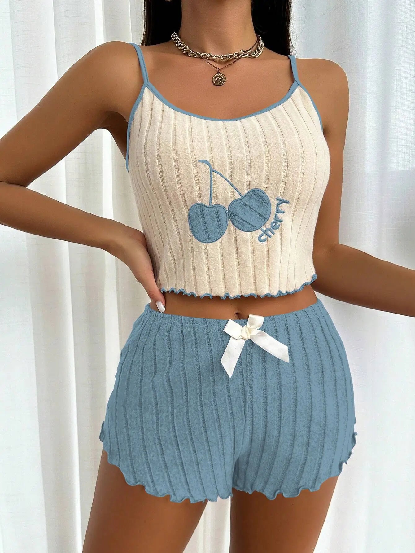 Conjunto de Pijama Casual de Verano para Mujer, 2 Piezas, Top Halter y Pantalones Cortos, Ropa de Dormir, Ropa para Estar en Casa