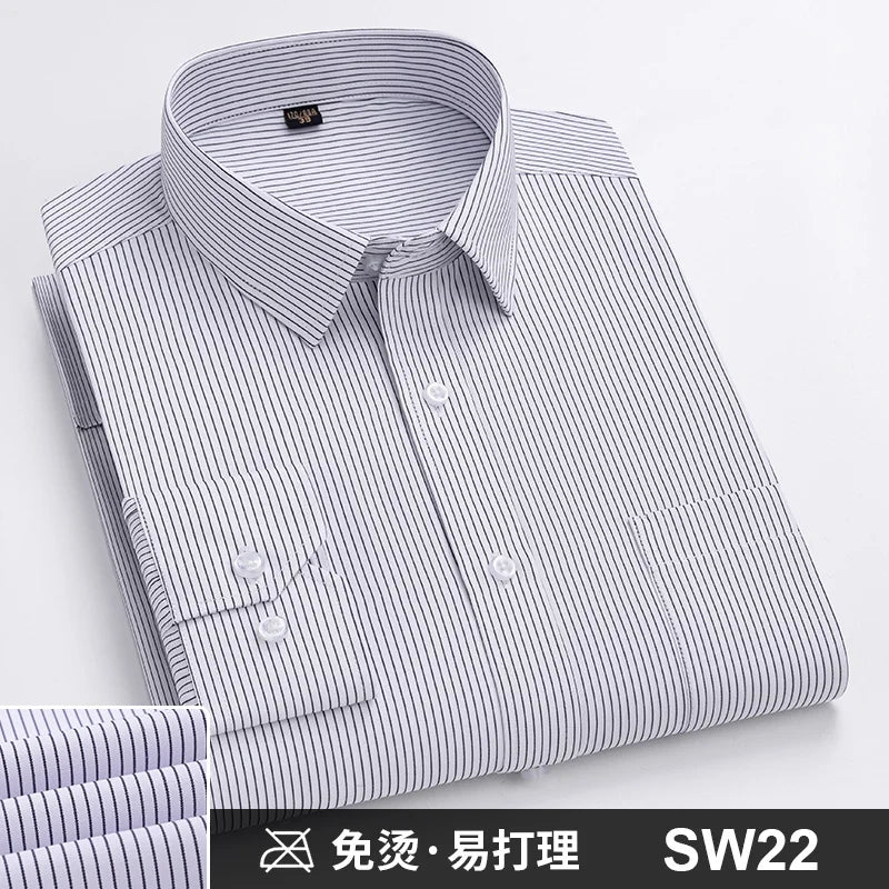 Camisa Formal de manga larga para hombre S ~ 8XL, camisas blancas de negocios de moda de gran tamaño a rayas de Color sólido, antiarrugas y sin planchar