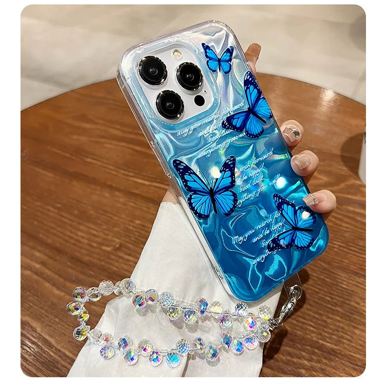 Funda de teléfono de arena con plumas graduales plateadas y mariposas de lujo para iPhone 16 15 14 13 12 11 Pro Max X XR 7 8 Plus, funda con cordón
