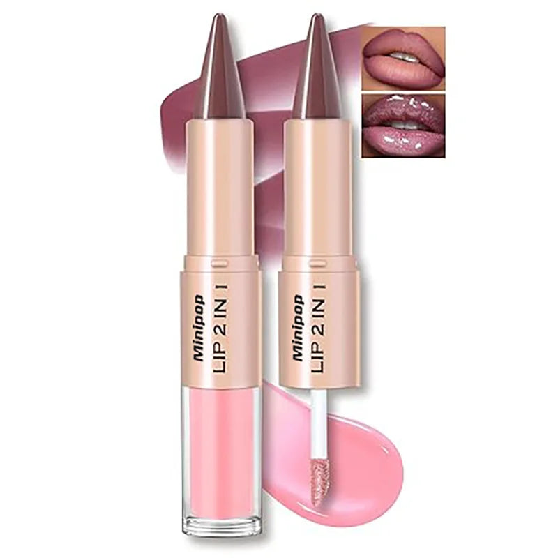 Brillo Labial 2 en 1 de Doble Punta, Delineador y Lápiz Labial, Impermeable, de Larga Duración, Voluminizador, Mate, Hidratante, Brillante, con Tinte Natural