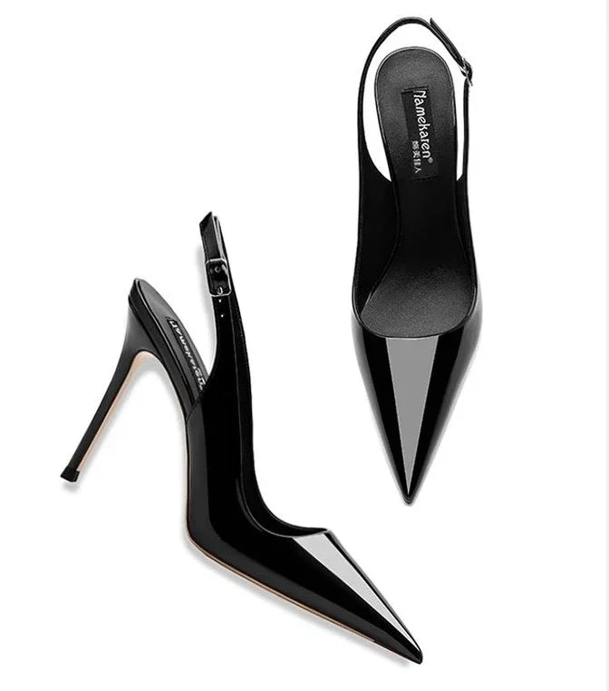 Sandalias sexis de tacón alto con puntas puntiagudas y elegantes zapatos de mujer de fiesta de moda con tiras de charol de verano 2025