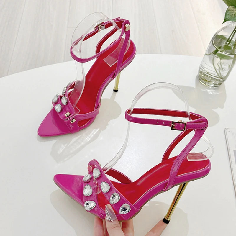 Liyke, moda de verano, sandalias de tacón alto Thih de Metal con remaches de gemas y banda estrecha para mujer, zapatos sexis de punta abierta y puntiaguda para vestido de fiesta, talla 41