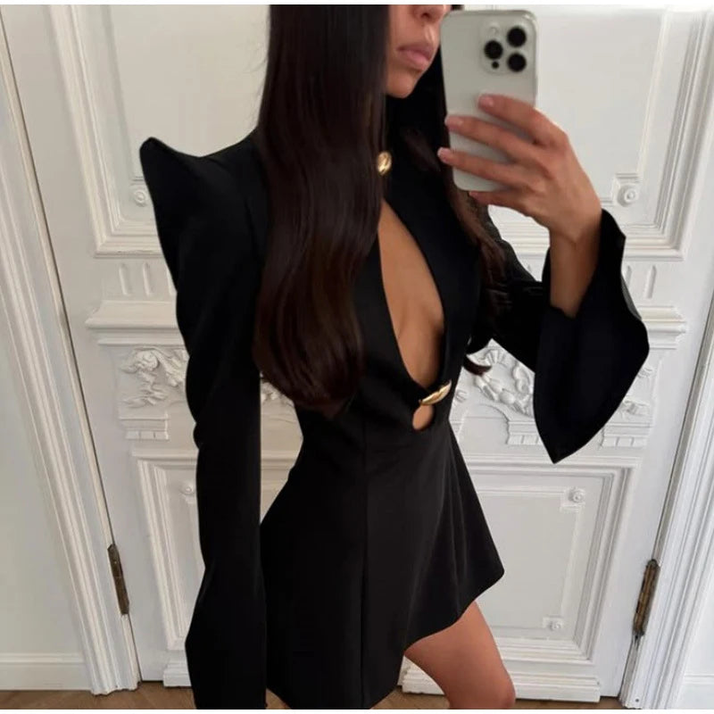 Minivestido negro ahuecado para mujer, vestido Sexy de corte en A con cuello redondo y manga larga, vestidos cortos ceñidos en la cintura, bata elegante para fiesta y discoteca 2025