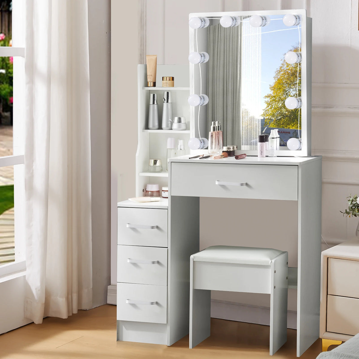 Mesa de tocador LED con espejo deslizante, escritorio de maquillaje blanco, taburete de 4 cajones, tocador para mujer, muebles glam