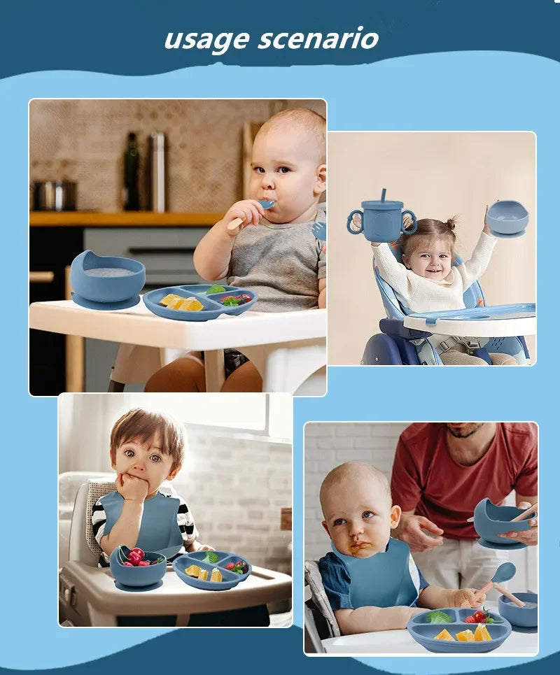 Juego de comida para bebé de 6 piezas, juego de silicona, juego de entrenamiento de comida para niños, cubiertos