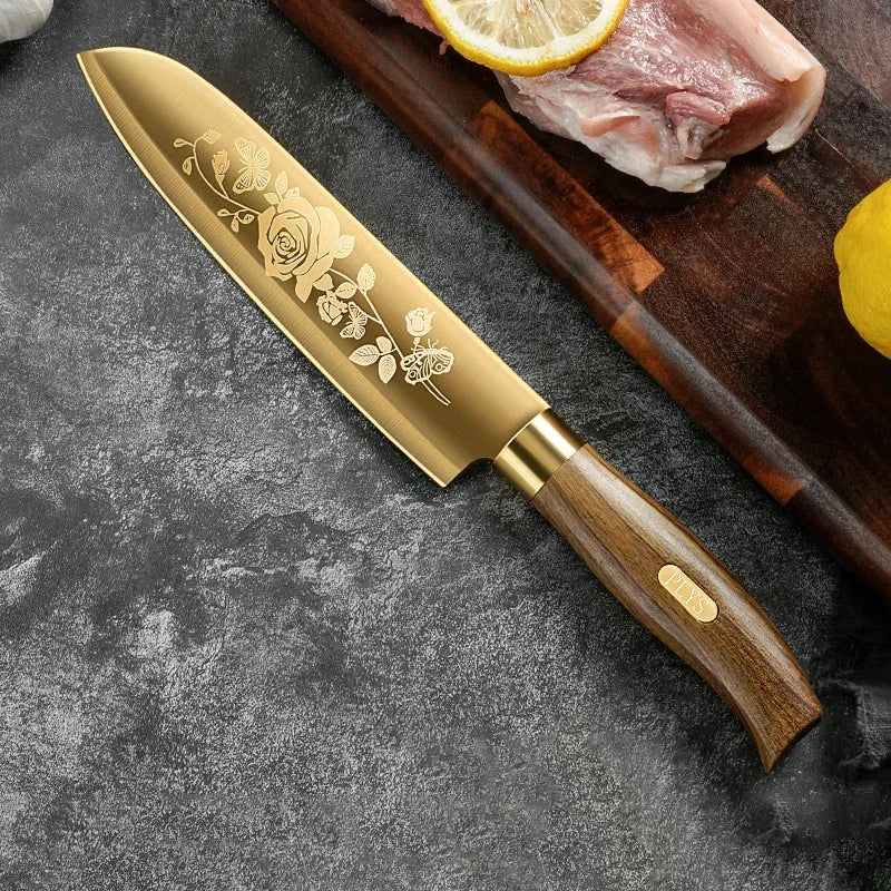 Juego de cuchillos de cocina de lujo dorados, ultra afilados, con hoja de acero inoxidable de primera calidad con revestimiento de titanio y mango de madera para cocinar, 4 piezas