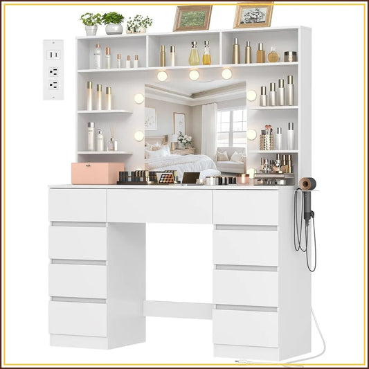 Tocador con espejo y luces, 9 cajones, 7 estantes, blanco, mesa de maquillaje de 43 pulgadas, USB y enchufes