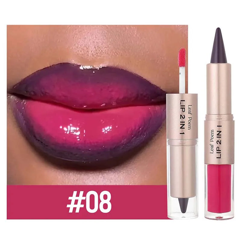 Lápiz Delineador de labios mate 2 en 1 de doble cabeza, resistente al agua, antiadherente, brillo de espejo, tinte de labios, brillo de labios marrón, maquillaje de lápiz labial