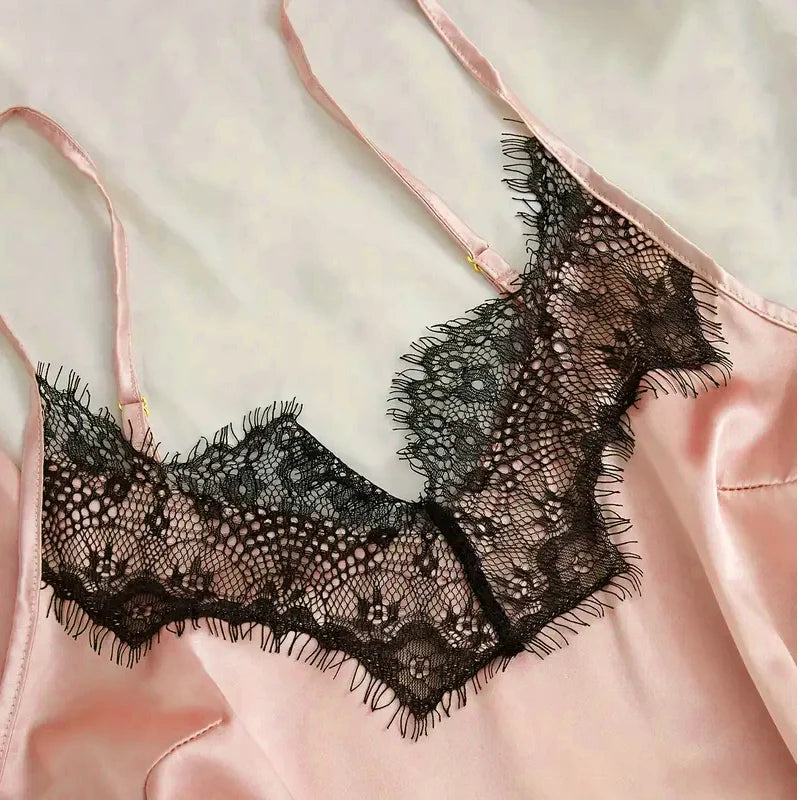 Conjunto de pijama de satén para mujer, lencería Sexy rosa, bata de baño de encaje de retazos, vestido de noche de seda, pantalones, ropa de dormir para el hogar