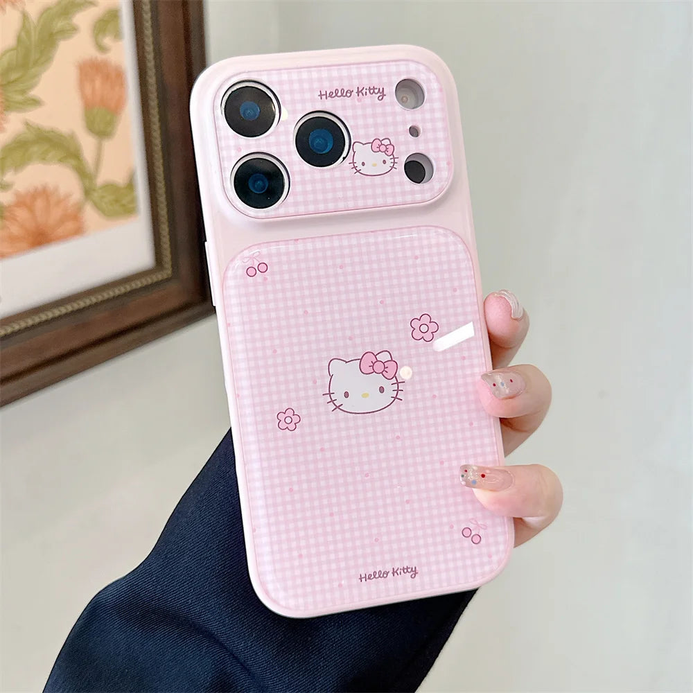 Funda Protectora Brillante con Diseño de Hello Kitty a Cuadros Rosados Estilo Coreano para iPhone 17, 16, 14, 13, 15 Pro, 17 Pro Max