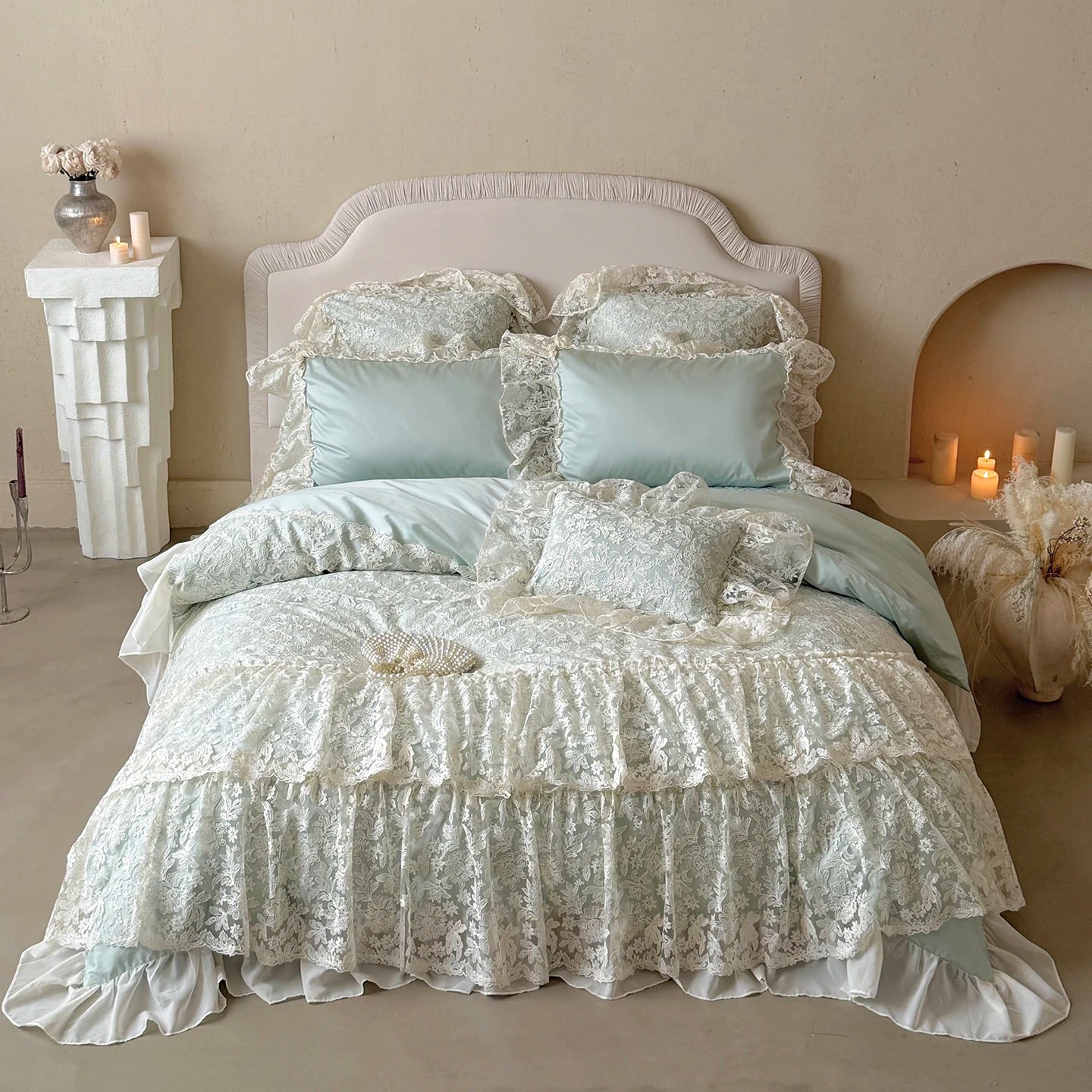 Juego de Ropa de Cama de Algodón Egipcio Beige, Juego de Funda Nórdica con Bordado de Encaje de Lujo, Sábanas y Fundas de Almohada, Textiles para el Hogar