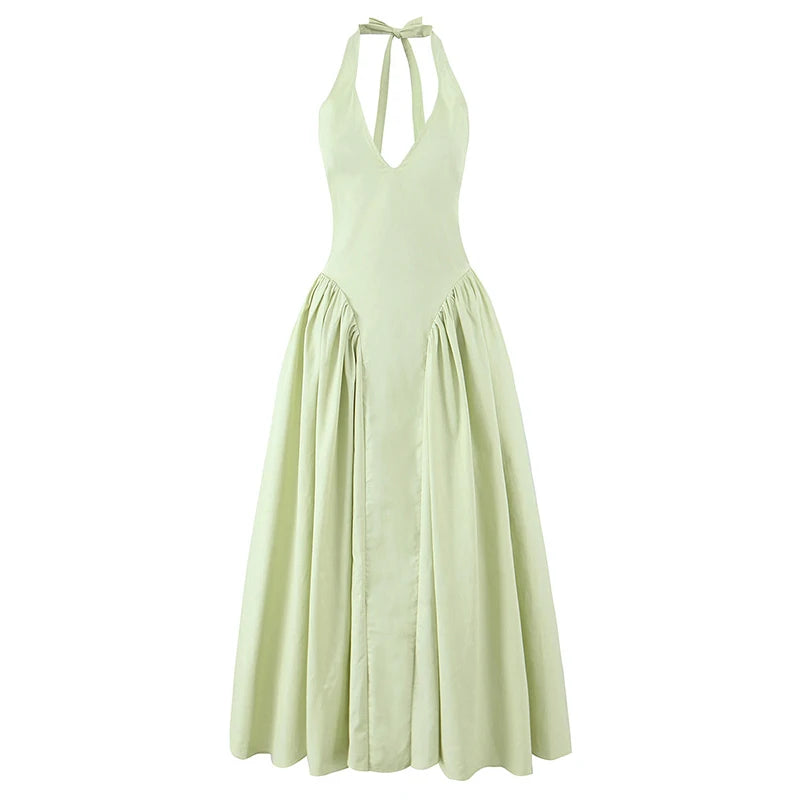 YENKYE-vestido Sexy con espalda descubierta para mujer, vestido verde elegante con cuello Halter, cintura baja, corte en A, Midi, vestidos de fiesta de noche de verano, bata de algodón