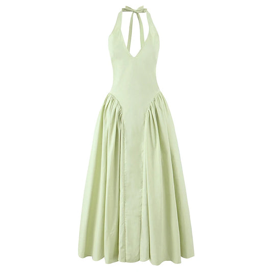 YENKYE-vestido Sexy con espalda descubierta para mujer, vestido verde elegante con cuello Halter, cintura baja, corte en A, Midi, vestidos de fiesta de noche de verano, bata de algodón