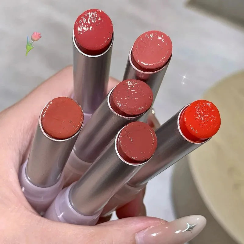 Brillo Labial Sólido Efecto Espejo, Tubo Redondo, Hidratante y Duradero, Tinte Natural Nude Melocotón, Maquillaje Labial en Gel