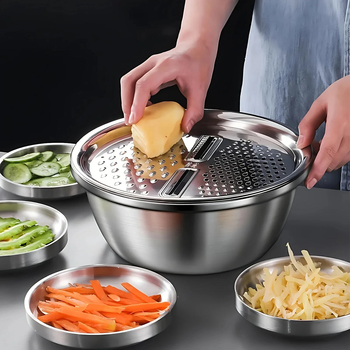 Juego de 3 Utensilios de Cocina de Acero Inoxidable, Tazón para Mezclar Multifuncional, Cortador de Verduras, Pelador de Frutas