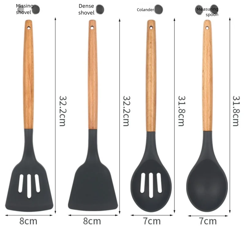 Juego de 12 utensilios de cocina de silicona con mango de madera, espátula antiadherente, cuchara para sopa y freír