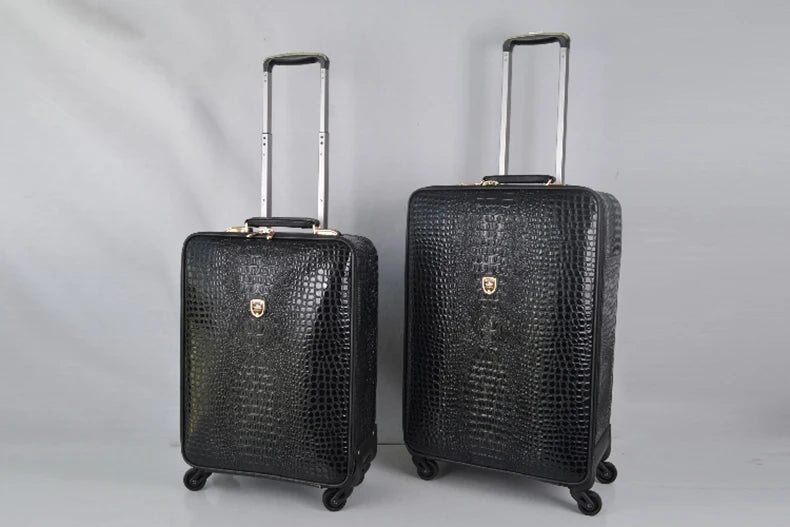 Equipaje rodante de cuero con patrón de cocodrilo, maleta con ruedas de embarque de 16/20/24 pulgadas, equipaje de viaje de cuero real para hombres y mujeres