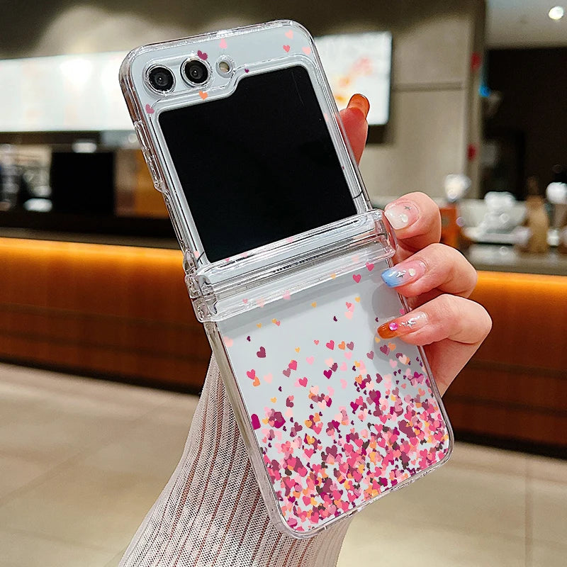 Funda de teléfono transparente con diseño de flor de amor para Samsung Galaxy Z Flip7 FE Flip 7 6 5 4 3 5G Flip5 Flip6, funda dura para PC a prueba de golpes