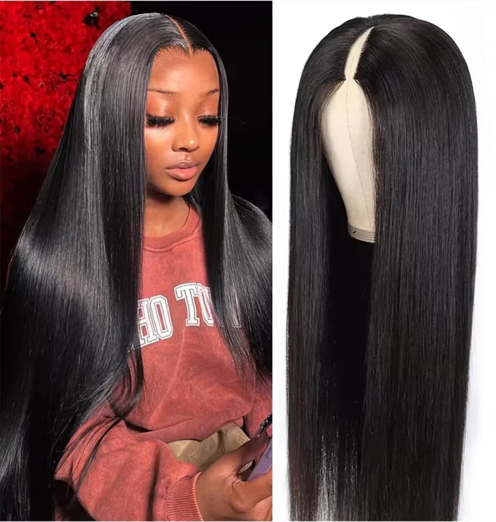 Peluca recta sin pegamento con parte en V, cabello humano brasileño liso con hueso, pelucas de cabello humano para mujeres, parte en V, sin pegamento, 30 y 36 pulgadas