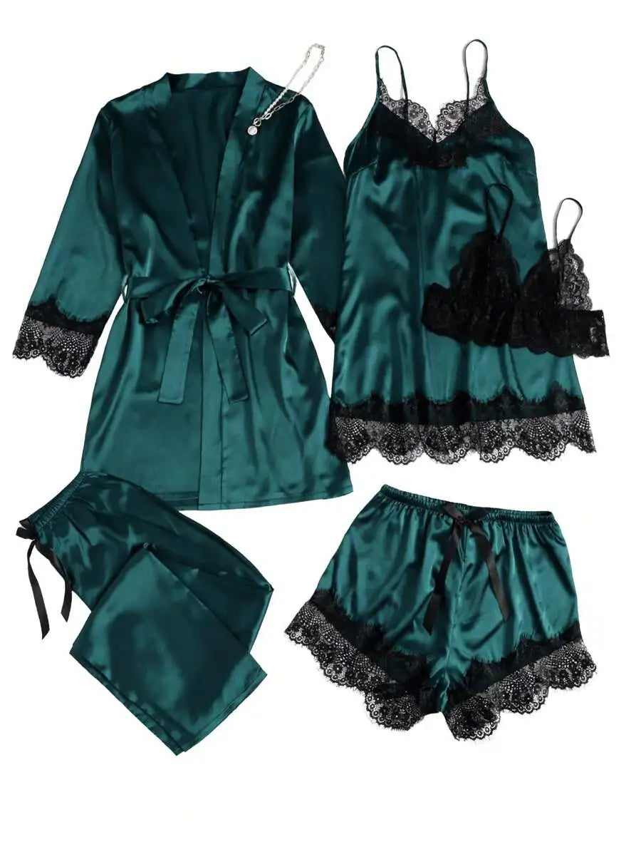 Conjunto de pijama de satén para mujer, bata de lencería Sexy, albornoz de encaje de seda, vestido de noche, pantalones, ropa de dormir para el hogar, 5 piezas