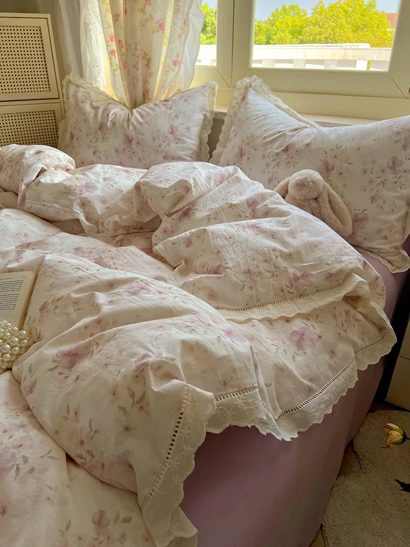 Juegos de funda nórdica de algodón lavado, juego de cama con estampado de flores individual/Queen/king, estilo princesa, funda de couette de 220x240 con encaje