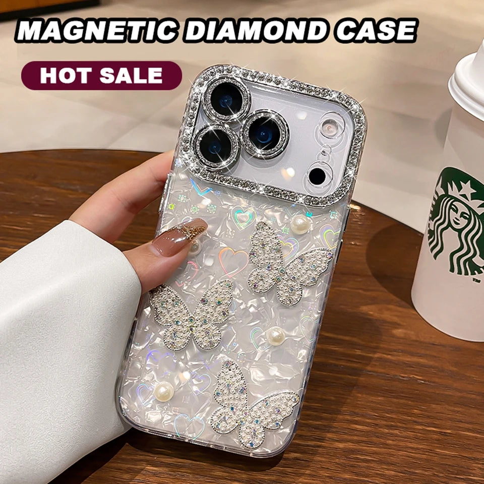 Funda de teléfono con purpurina y diamantes para iPhone 17 Air 11 12 13 16 Pro Max 15 14 16 Plus 17Pro Max, funda protectora de mariposa bonita