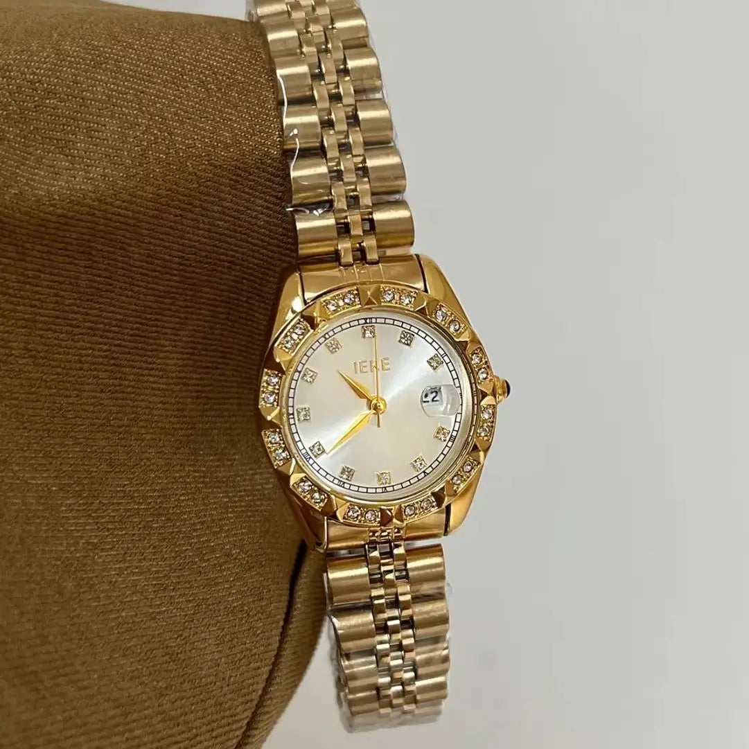 Reloj con banda de acero de aleación sólida con acento de cristal para mujer, elegante vestido, relojes con calendario de cuarzo para mujer