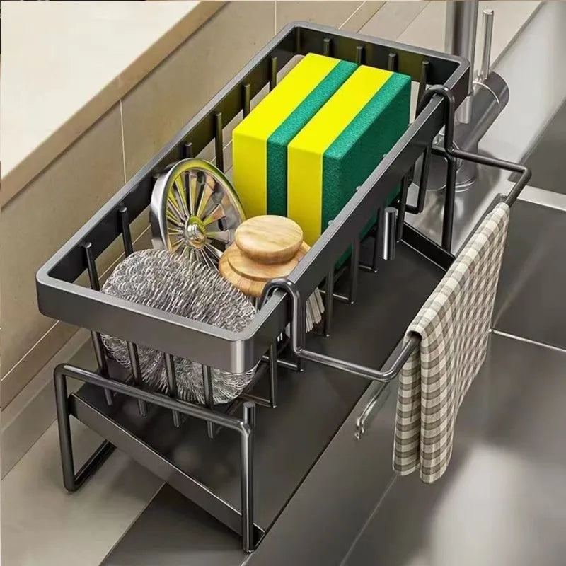 Soporte de esponja de cocina, escurridor, organizador de fregadero para almacenamiento de paño de cocina con gancho para colgar