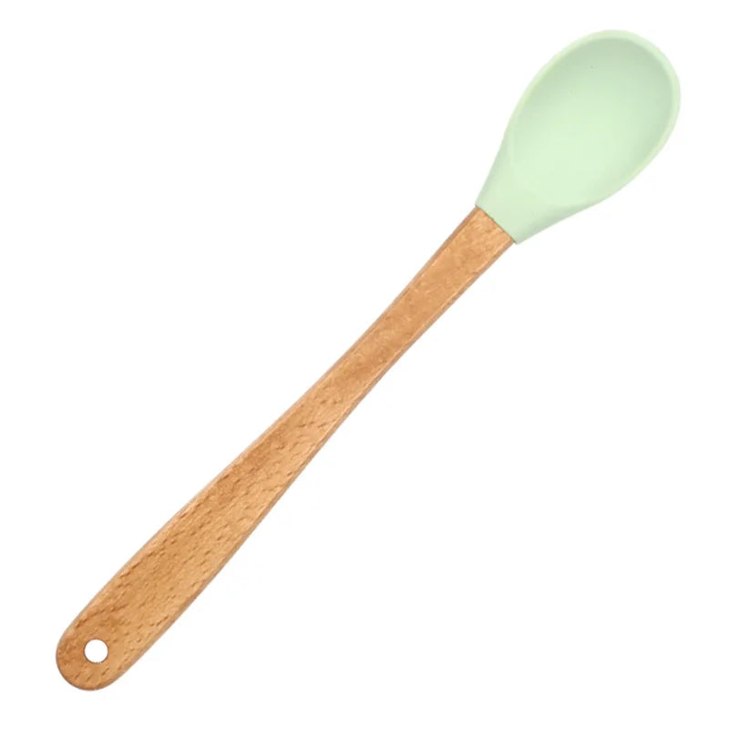 Juego de utensilios de cocina de silicona con mango de madera, 5 uds., raspador, cepillo, cuchara, herramientas para hornear para niños