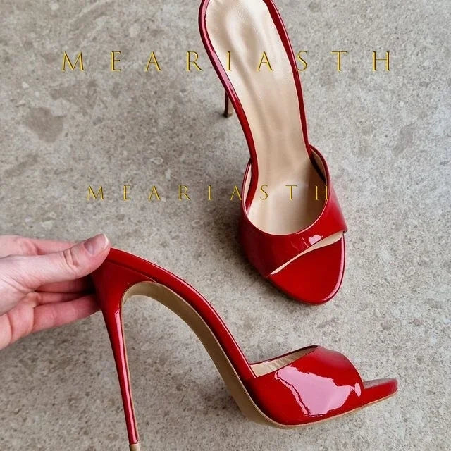 Mulas de cuero de Color caramelo para mujer, zapatos de tacón alto fino con punta abierta y punta abierta, zapatillas modernas sexis para fiesta para primavera y verano