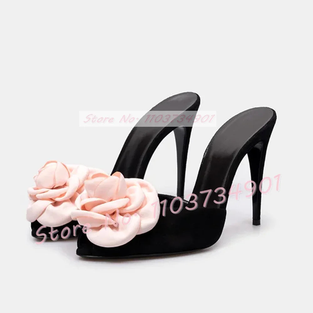 Mules de tacón alto fino de satén para mujer, zapatos aterciopelados con apliques florales, color rosa y rosa, elegantes y negros