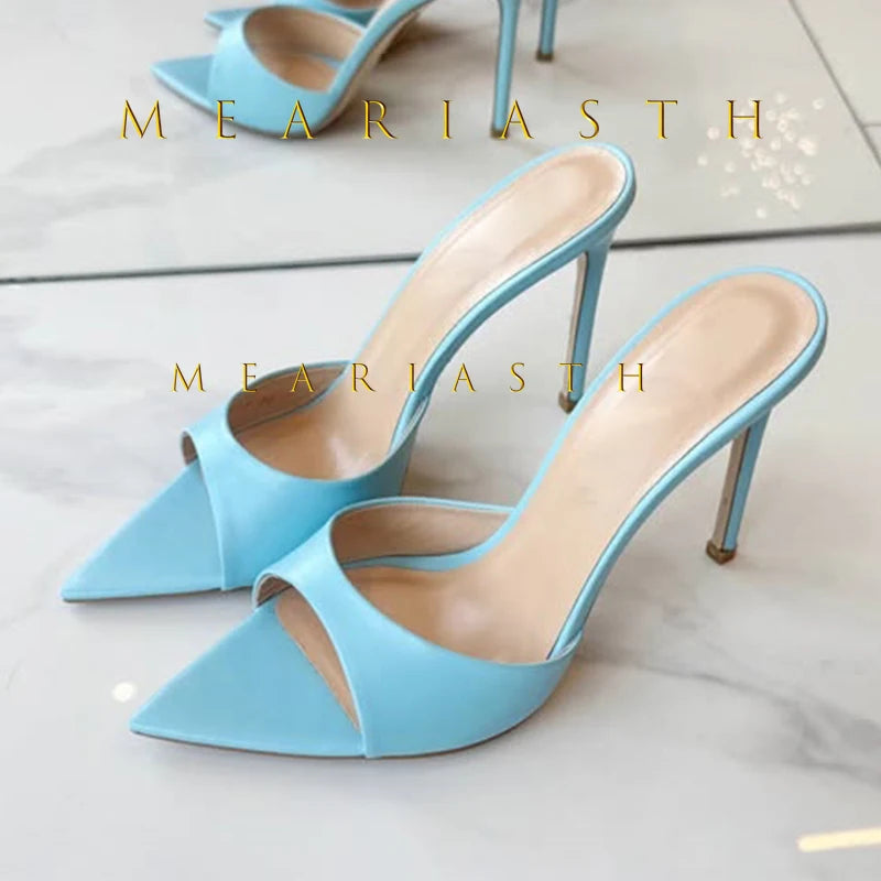 Mulas de cuero de Color caramelo para mujer, zapatos de tacón alto fino con punta abierta y punta abierta, zapatillas modernas sexis para fiesta para primavera y verano