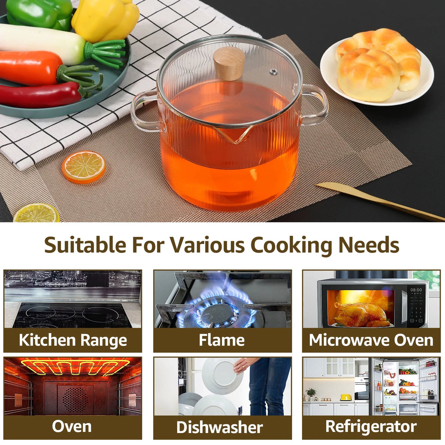 Olla de cocina de vidrio de 1600ML/2300ML, olla de fuego de vidrio de borosilicato transparente con tapa, ollas de estofado multifuncionales para cocinar en la cocina