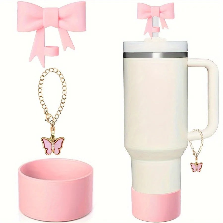 Juego de 3 Cubiertas de Silicona para Vasos con Diseño de Lazo y Cadena de Mariposa Rosa, Accesorios para Vasos de 30/40 oz ﻿