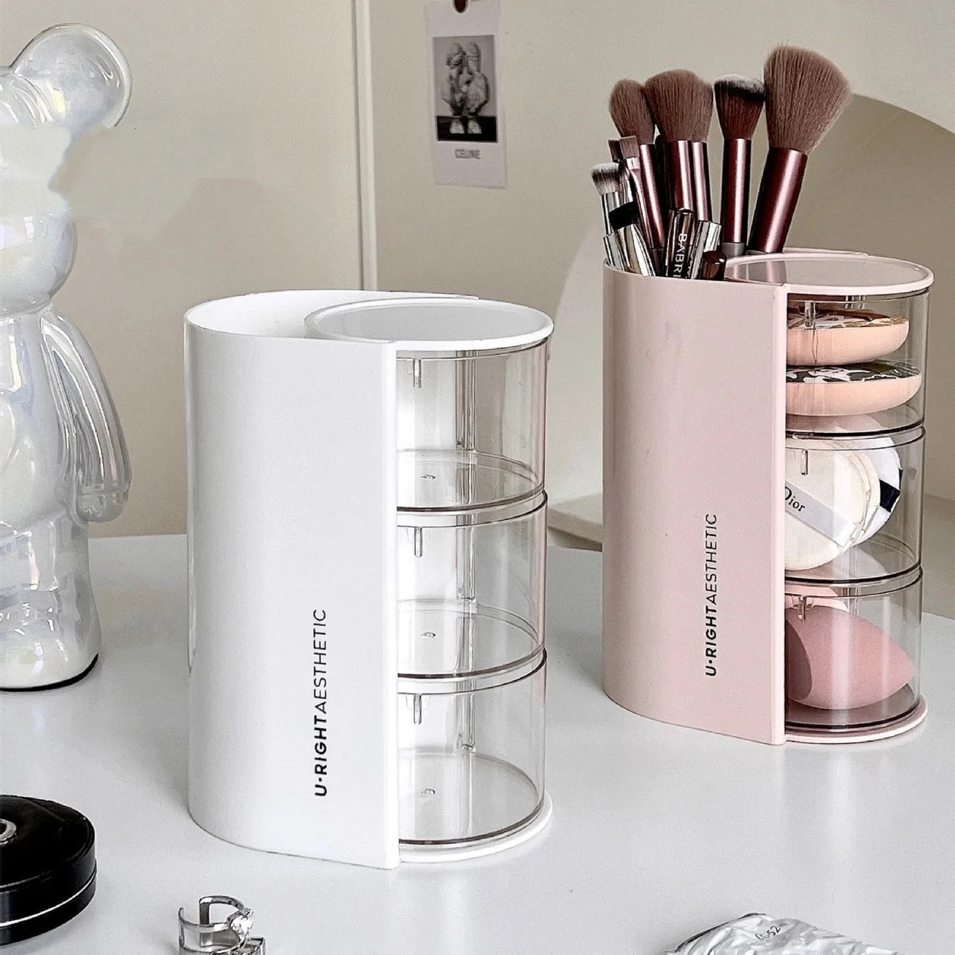 Caja de Almacenamiento de Accesorios para el Cabello de Varias Capas, Organizador de Joyas Transparente Giratorio, Estuche de Escritorio para Brochas de Maquillaje y Esponjas