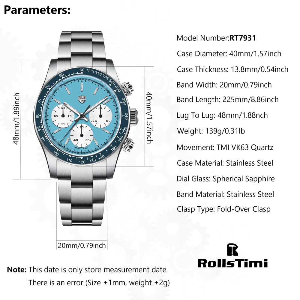 2025 nuevos relojes RollsTimi para hombre, reloj cronógrafo de cuarzo de lujo para hombre, espejo de zafiro AR, reloj de regalo resistente al agua para hombre luminoso