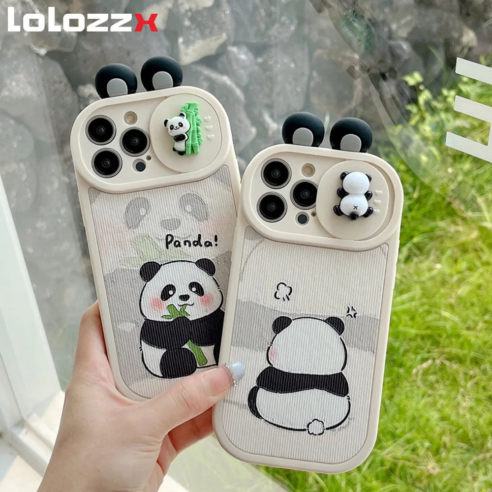 Ins 3D Panda Slide cámara protección funda de teléfono de silicona para iPhone 16 14 12 13 15 Pro Max 11 orejas de dibujos animados cubierta trasera a prueba de golpes