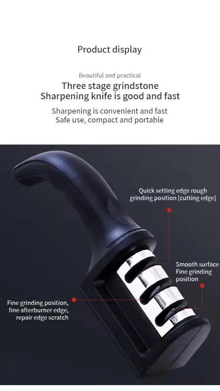 Afilador de cuchillos de tres segmentos para cocina, herramienta de cocina de piedra para afilar de tres usos, multifuncional, color negro, 1 ud.