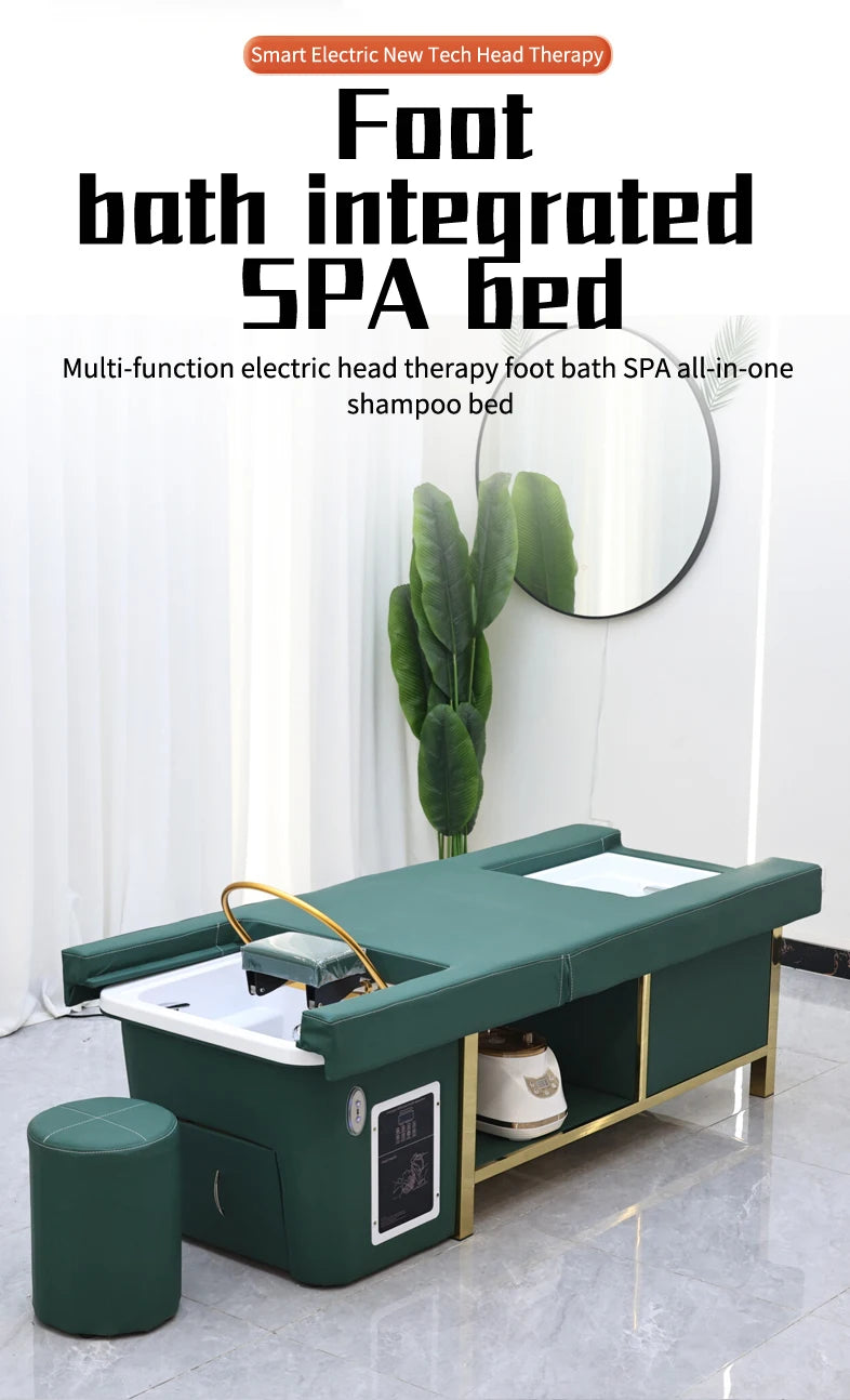 Mesa de Masaje Tailandesa de Diseño Moderno, Cama Eléctrica para Lavado de Cabello, Equipo de Spa Capilar, Cama Reclinable para Salón de Belleza con Lavabo de Cerámica y Reposapiés