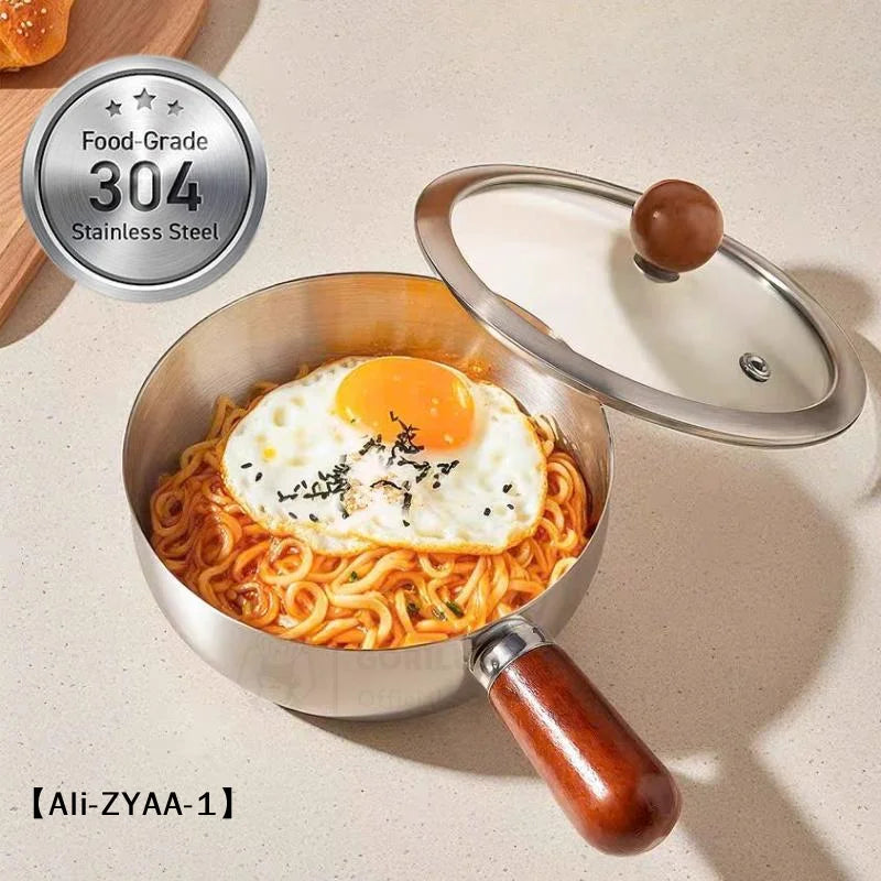 【A】Sartenes de cocina de acero inoxidable de 17 cm/14 cm con mango de madera y tapa de vidrio - Ollas pequeñas multiusos para fideos y huevos
