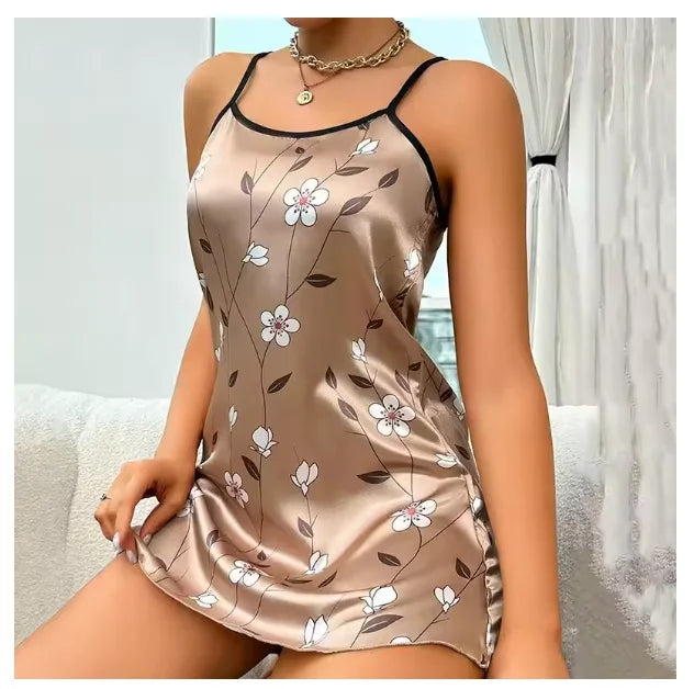 Camisón Sexy con tirantes para mujer, lencería Sexy de satén de seda, ropa de dormir con pintura Floral, minivestido para el hogar