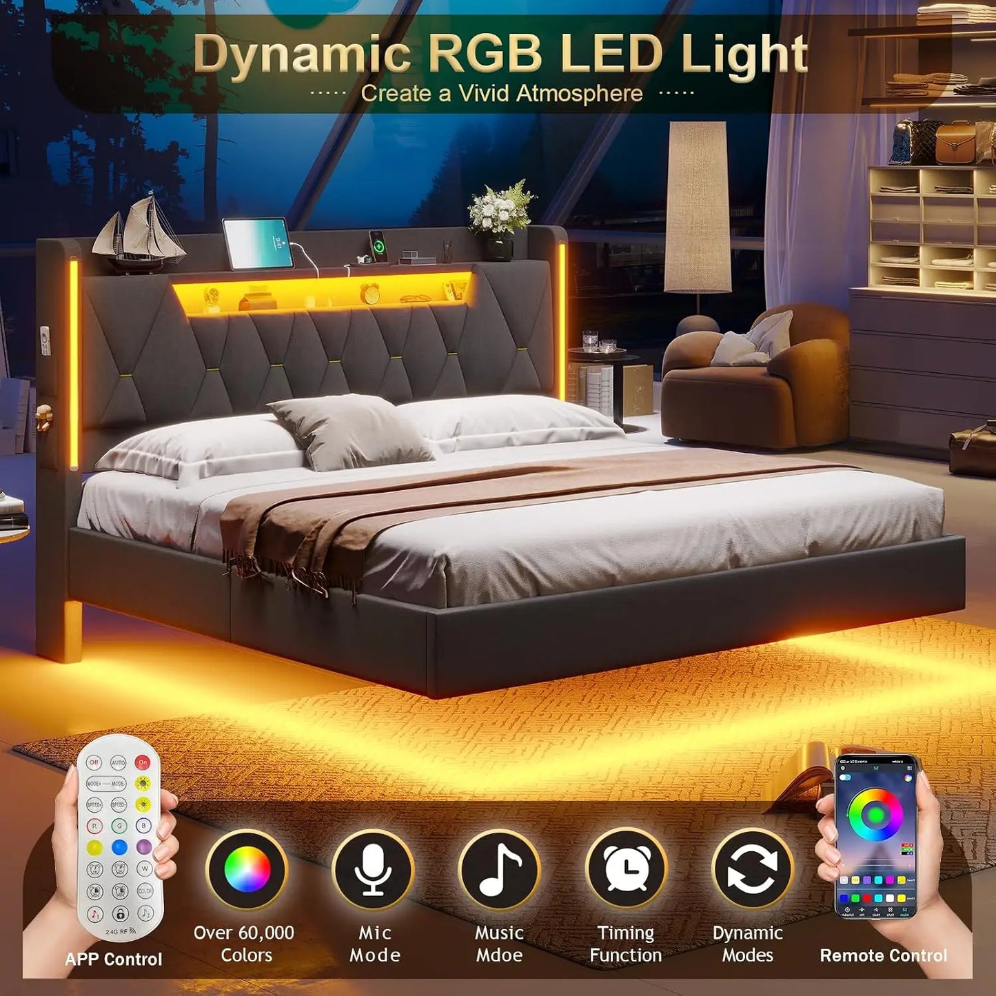 Base de Cama Flotante King con Cabecero con Almacenamiento, Base de Cama King Size, Gris |   Base de Cama Tapizada Tamaño King, Personalizable