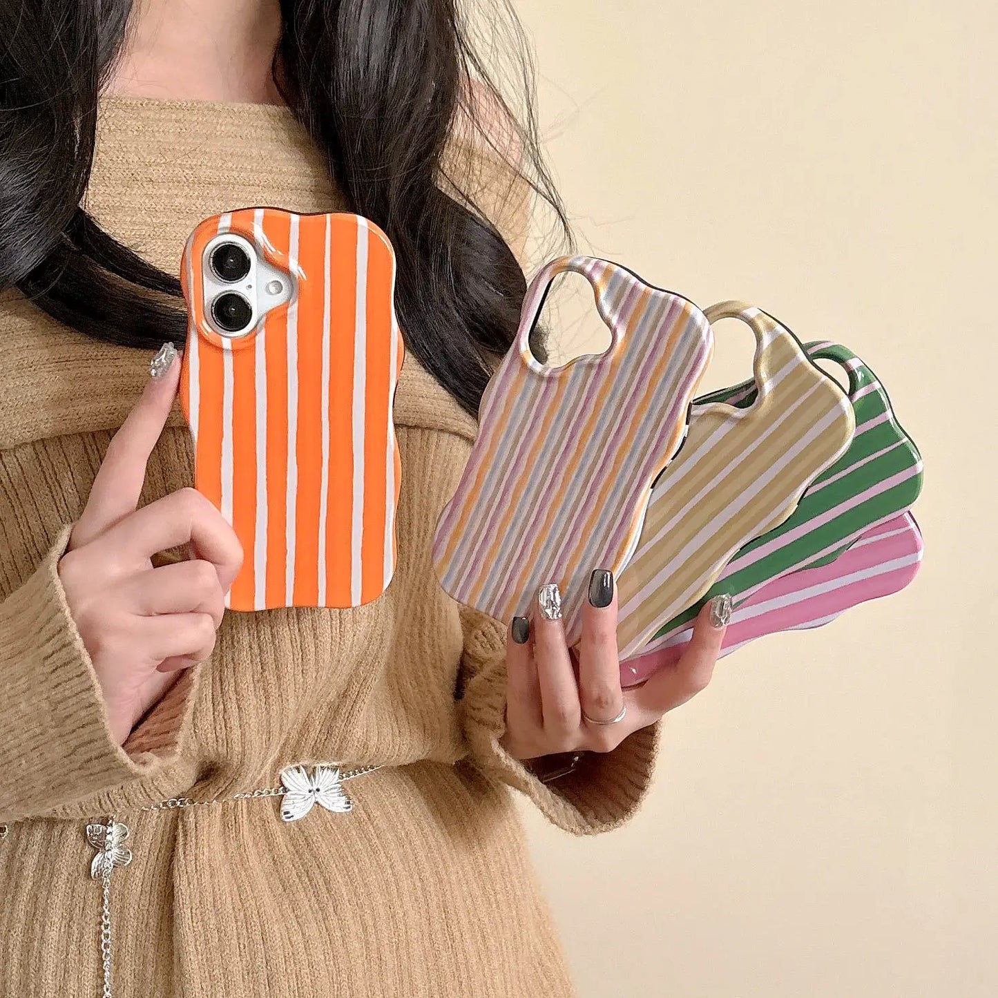 Funda de teléfono de rayas brillantes 2 en 1 a la moda para iPhone 13, 14, 15 16 Pro Max, bordes ondulados, tacto cómodo, carcasa trasera dura y delgada