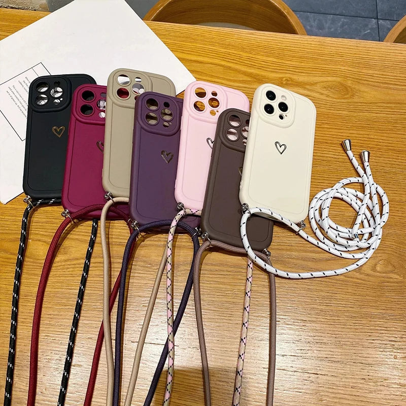 Fundas de teléfono Crossbody Love para IPhone 17 16 Pro Max 15 14 13 12 11 con funda trasera de silicona con cordón