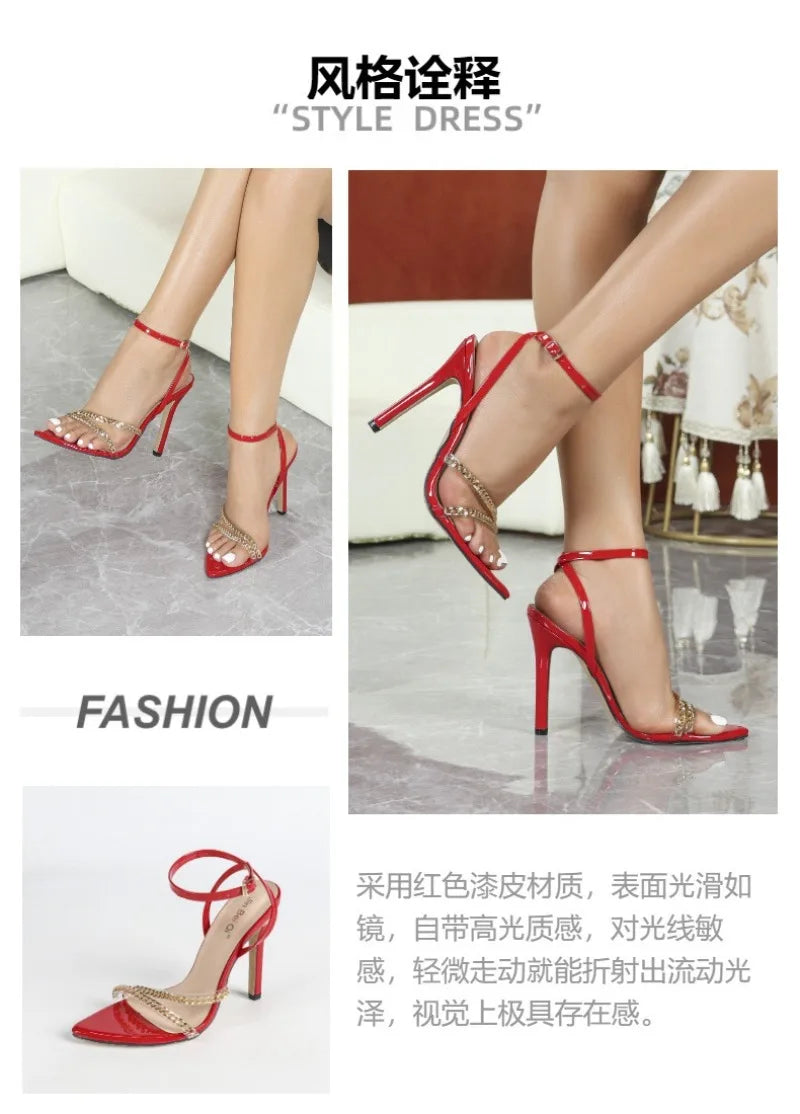 Sandalias de tacón alto para mujer, sandalias de tacón de aguja puntiagudas sexys, sandalias de moda con correa en el tobillo, sandalias con hebilla de una sola tira, sandalias de diseñador con cadena metálica