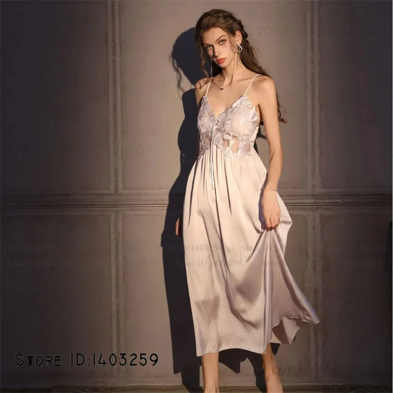 Conjunto de bata larga elegante para mujer, camisón de lencería Sexy, camisón con espalda descubierta, ropa de dormir para el hogar, ropa de dormir de satén de seda