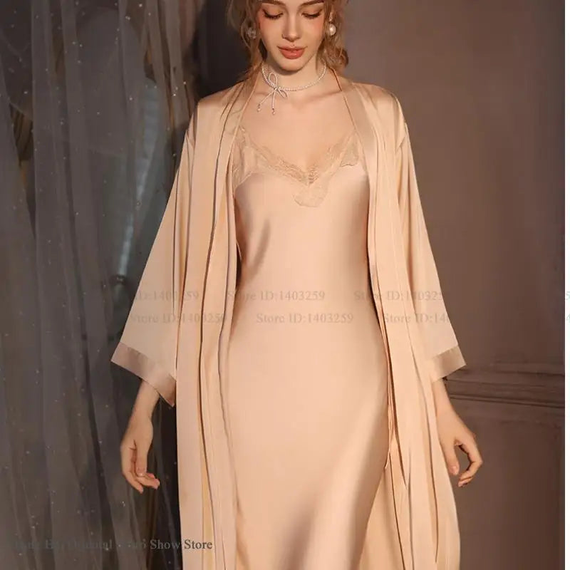 Conjunto de bata Twinset elegante para mujer, bata de baño tipo kimono largo, camisón de encaje Sexy, lencería, ropa de dormir nueva para primavera y otoño, vestido para casa