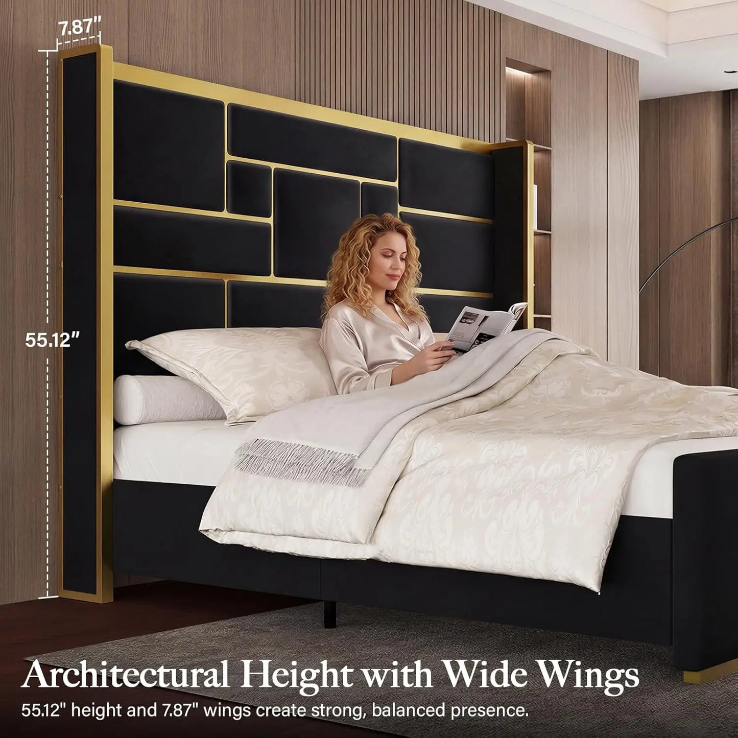 Base de Cama con Cabecera de 55.12 Pulgadas de Alto, Cama de Plataforma Moderna y Lujosa Tapizada en Terciopelo con Detalles en Dorado, Cabecero Ancho, Personalizable