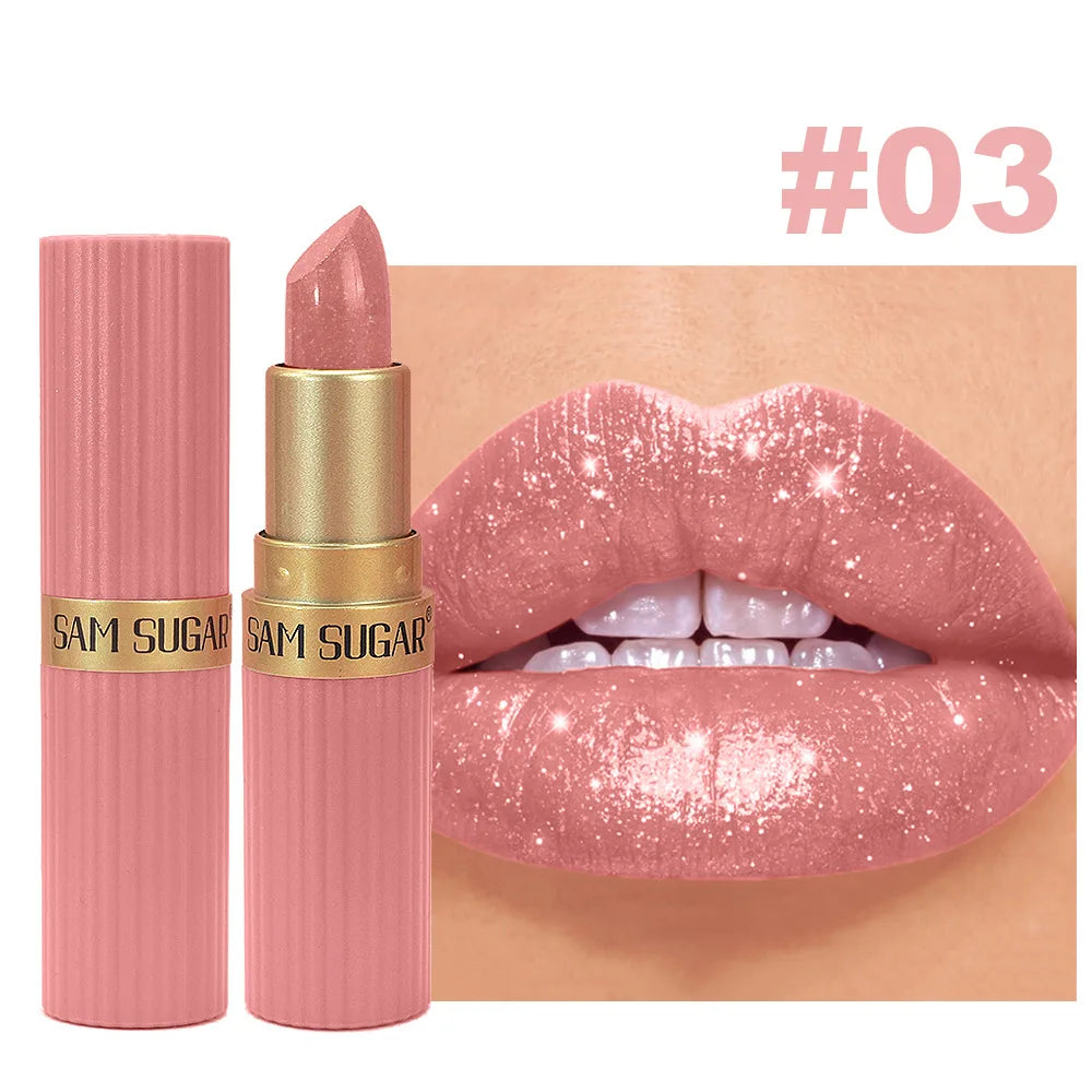 Lápiz Labial Rojo Chocolate Diamante, Lápiz Labial de Terciopelo con Brillo Perlado, Brillo Labial Metálico Brillante a Prueba de Agua, Maquillaje de Larga Duración