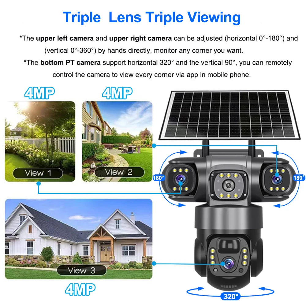 Cámara CCTV Solar con Tarjeta SIM 4G, 12MP, Seguridad Exterior, Monitor PTZ, Visión Nocturna, Cámara de Video y Batería Recargable